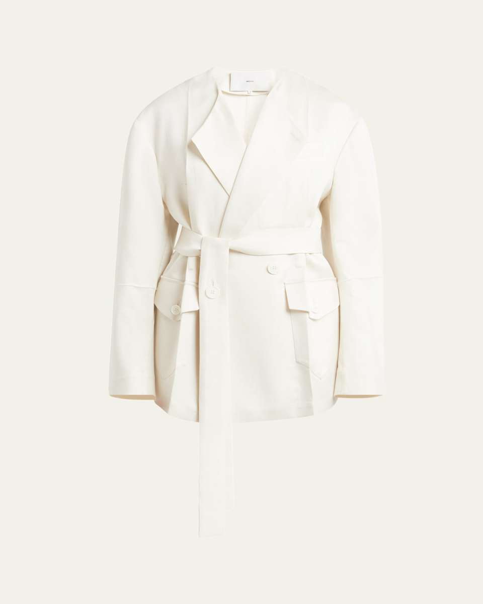 No Collar Origami Belted Wool Jacket